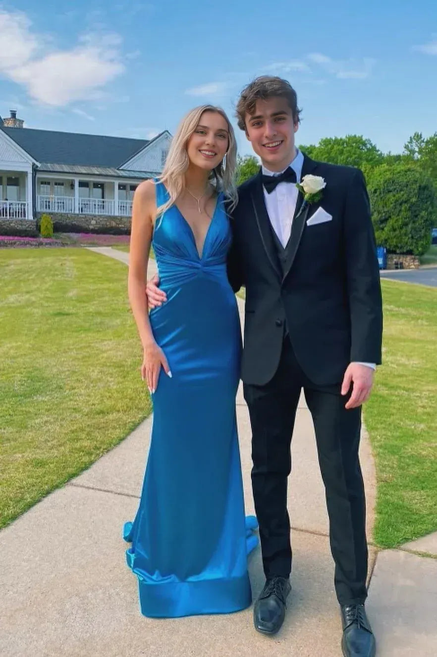 Weitese Sleeveless Pleated Plunge Blue Satin Ruched Mermaid Party Dress Prom Dress Prom Dresses Stores